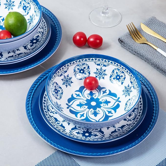 Melamine Dinnerware Set -12pcs Outdoor and Indoor Plates and Bowls Set ,Service for 4, Dishwasher Safe, Blue Flower