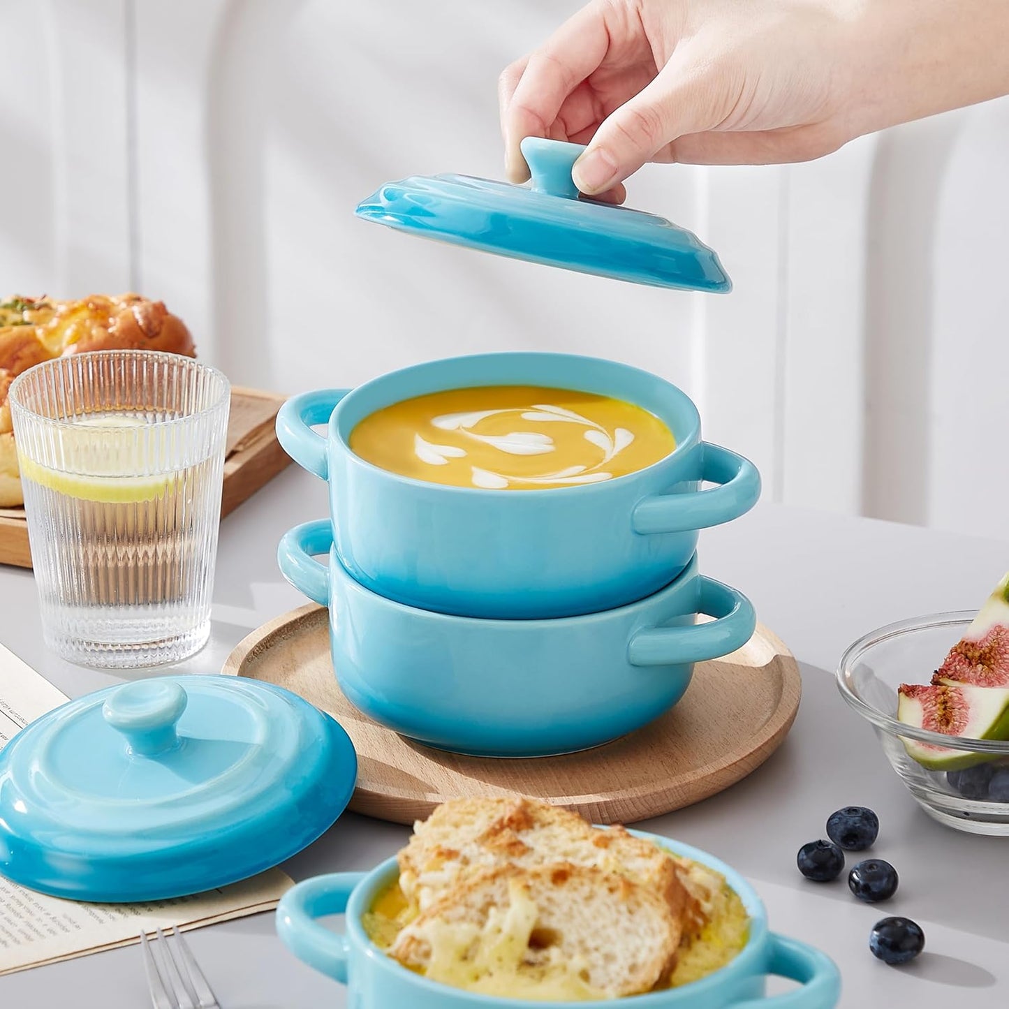 LOVECASA Mini Cocotte Set, 12 OZ Small Casserole Dishes with Lids, Soup Bowls With Handles, Individual Ramekins, Oven, Microwave & Dishwasher Safe, Set of 4, Blue