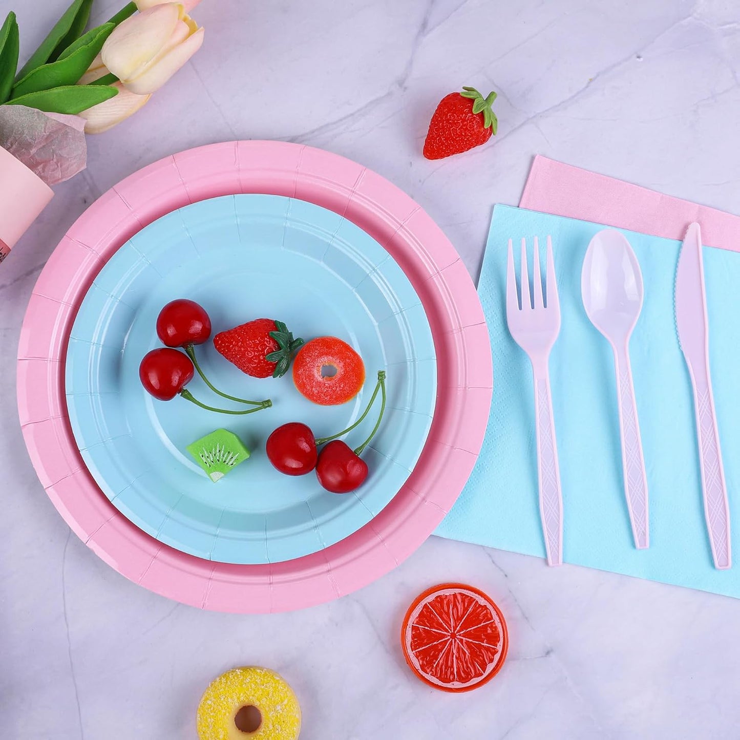 durony 350 Pieces Baby Gender Reveal Party Supplies Light Pink Light Blue Paper Plates Serve 50 Guests Boy or Girl Gender Reveal Plates Napkins Paper Cup Cutlery for 1st Birthday and Baby Shower Decor