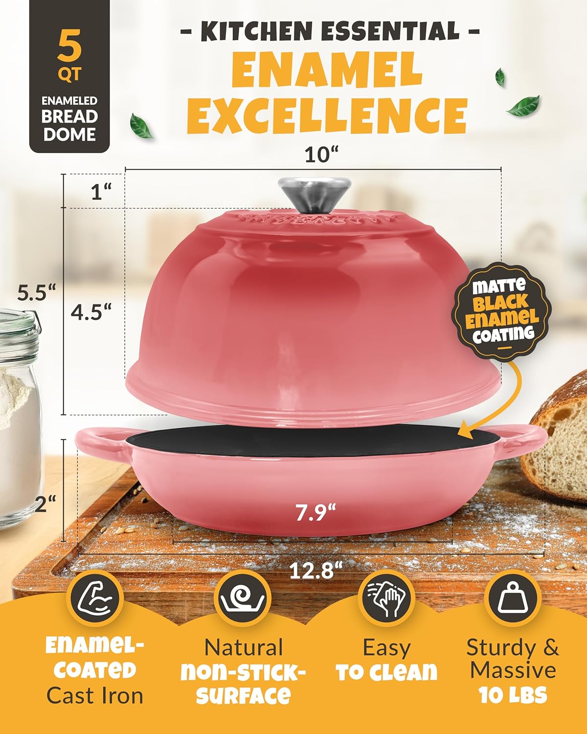 Dutch Oven Bread Baking - 5QT Enamel Bread-Oven - incl Sourdough Bread-Baking Suppliers like Dough Whisk Scoring Lame etc Bread-Dome Cast Iron Bread-Pan with Lid for Sour dough, Bread-making