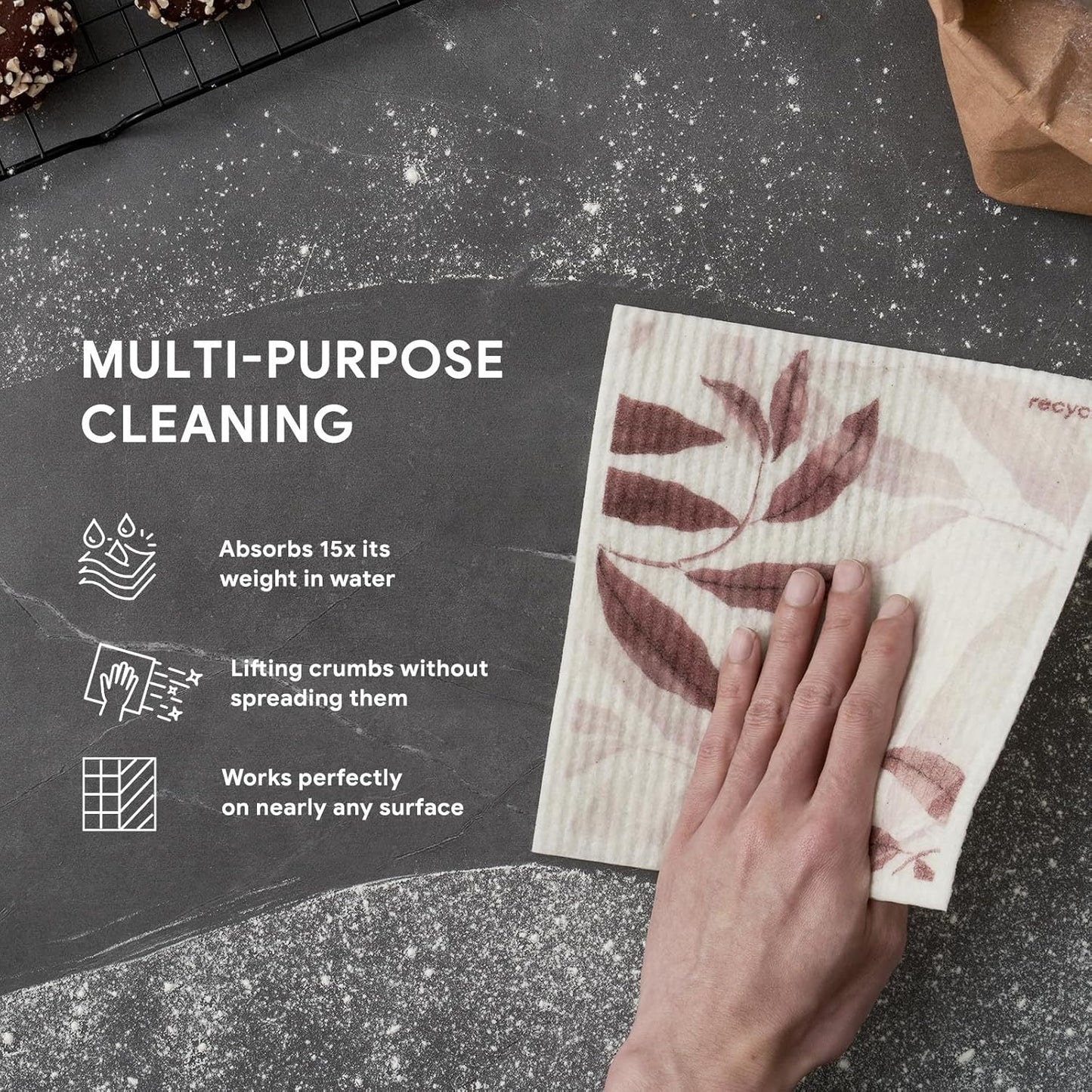 RECYCO Swedish Dishcloths for Kitchen | 6 Pack Watercolor Florals Washable Dish Rags | Cellulose Reusable Cleaning Paper Towels | Absorbent Counter Dish Cloth Sponge Kitchen Wipes, 8" L x 7" W