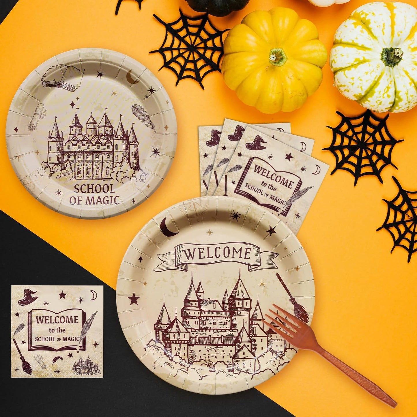 96 Pieces Wizard School Tableware Set – Magical Castle Disposable Dinnerware with Paper Plates, Napkins, Forks for Birthday, Halloween Events, Fantasy Celebrations for Kids Boys Girls Serves 24 Guests
