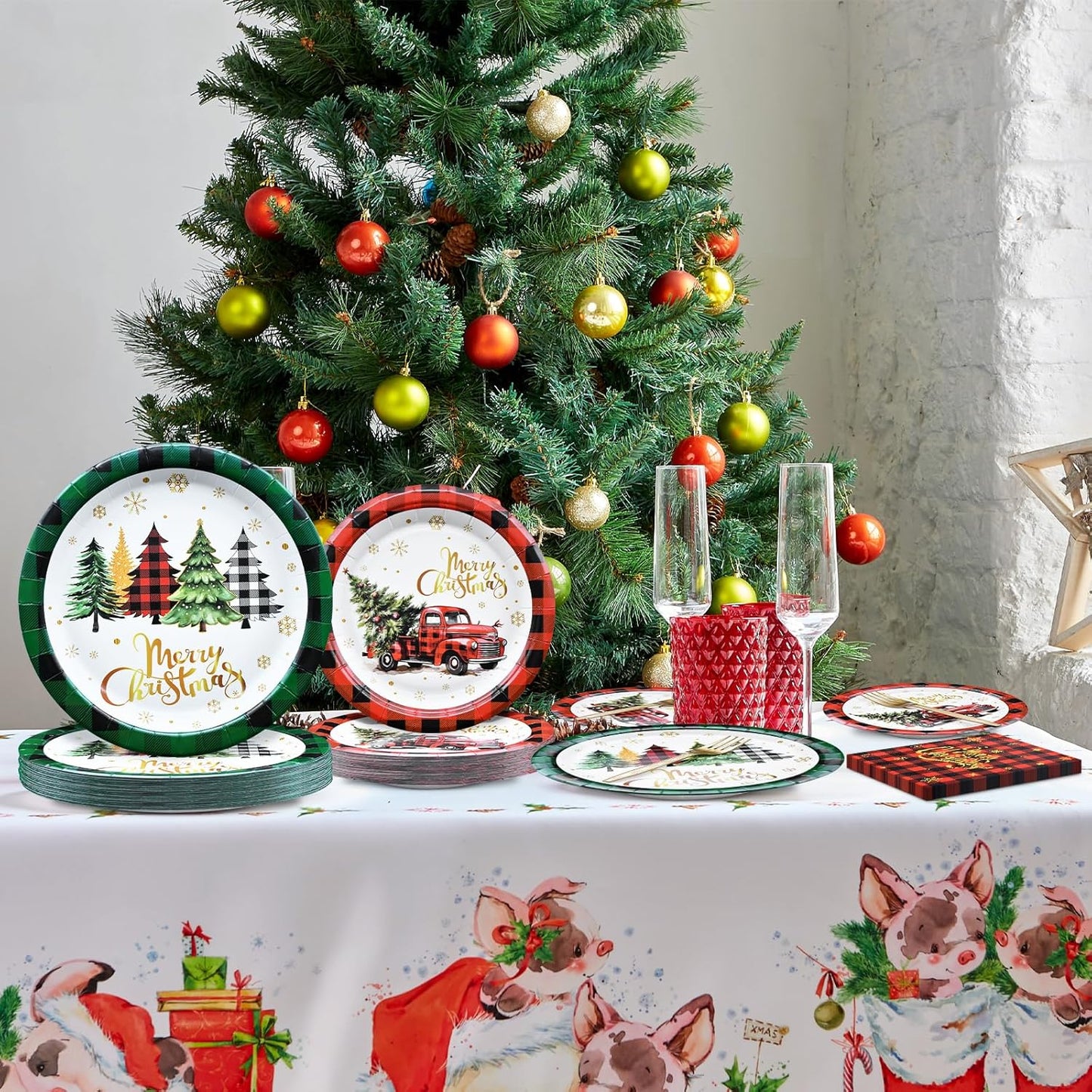 96 Pieces Merry Christmas Disposable Tableware Set - Red and Green Buffalo Plaid Christmas Party Supplies with Paper Plates, Napkins, Forks for Holiday Celebrations, Winter Favors, and Rustic Decor