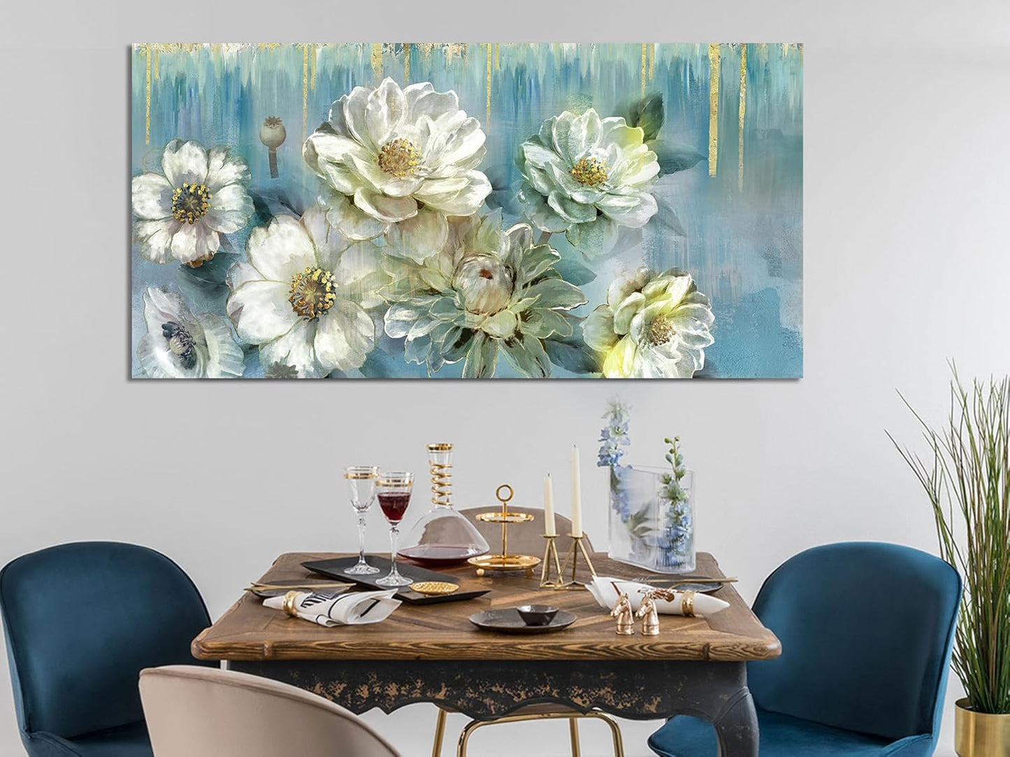 Ardemy Floral Canvas Wall Art for Living Room Large Magnolia White Flowers Teal Pictures Wall Decor Textured Painting ModernTurquoise Artwork Bathroom Bedroom Dining Room Home Office, 40"x20"