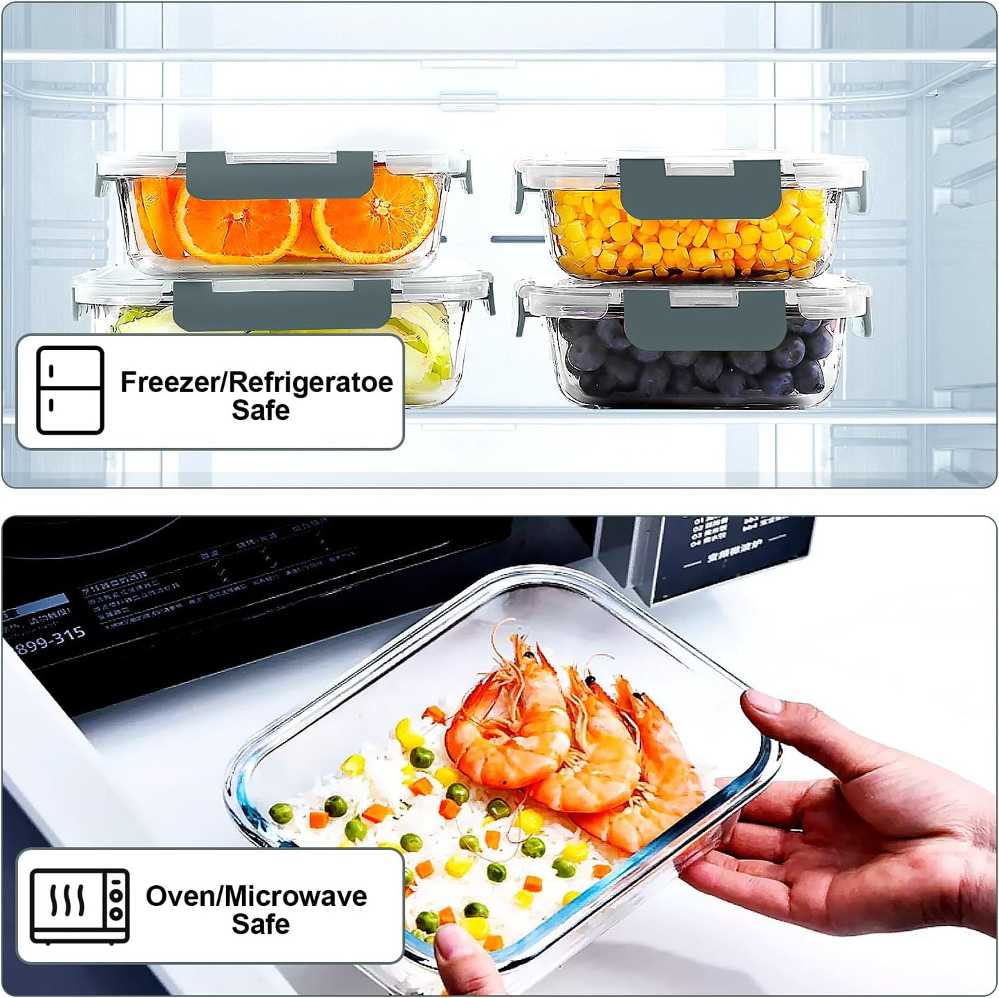 VERONES 10 Pack Glass Meal Prep Containers, Airtight Glass Lunch Containers, Stackable Glass Food Storage Containers Set with Lids,Exclusive of BPA,for Microwave, Oven, Freezer & Dishwasher,Grey