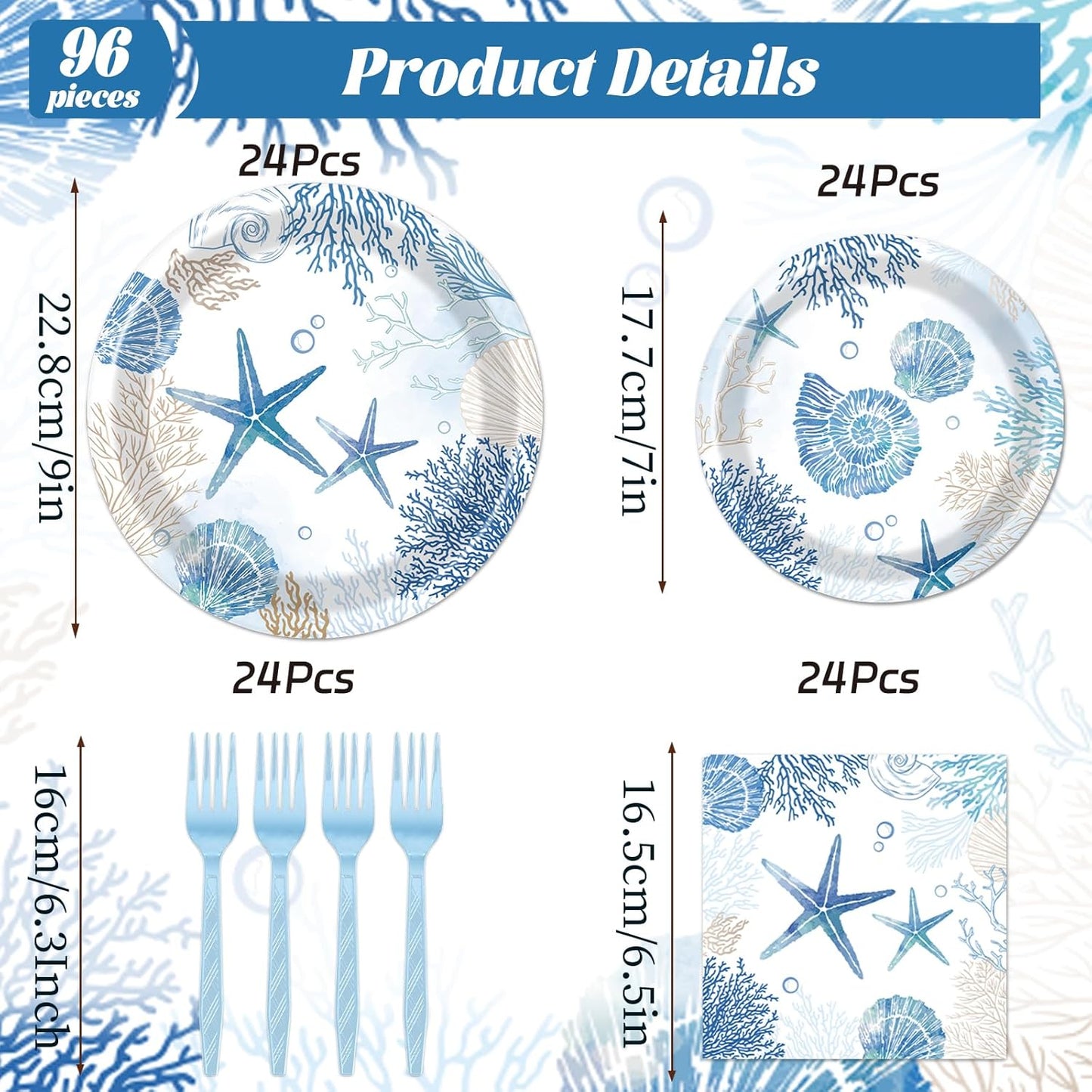 Rakuto Ocean Themed Party Decorations, 96PCS Beach Seashell Plates Napkins and Forks Set, Starfish Coral Disposable Tableware for Birthday Baby Shower Serves 24
