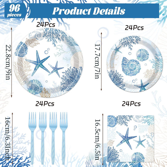 Rakuto Ocean Themed Party Decorations, 96PCS Beach Seashell Plates Napkins and Forks Set, Starfish Coral Disposable Tableware for Birthday Baby Shower Serves 24