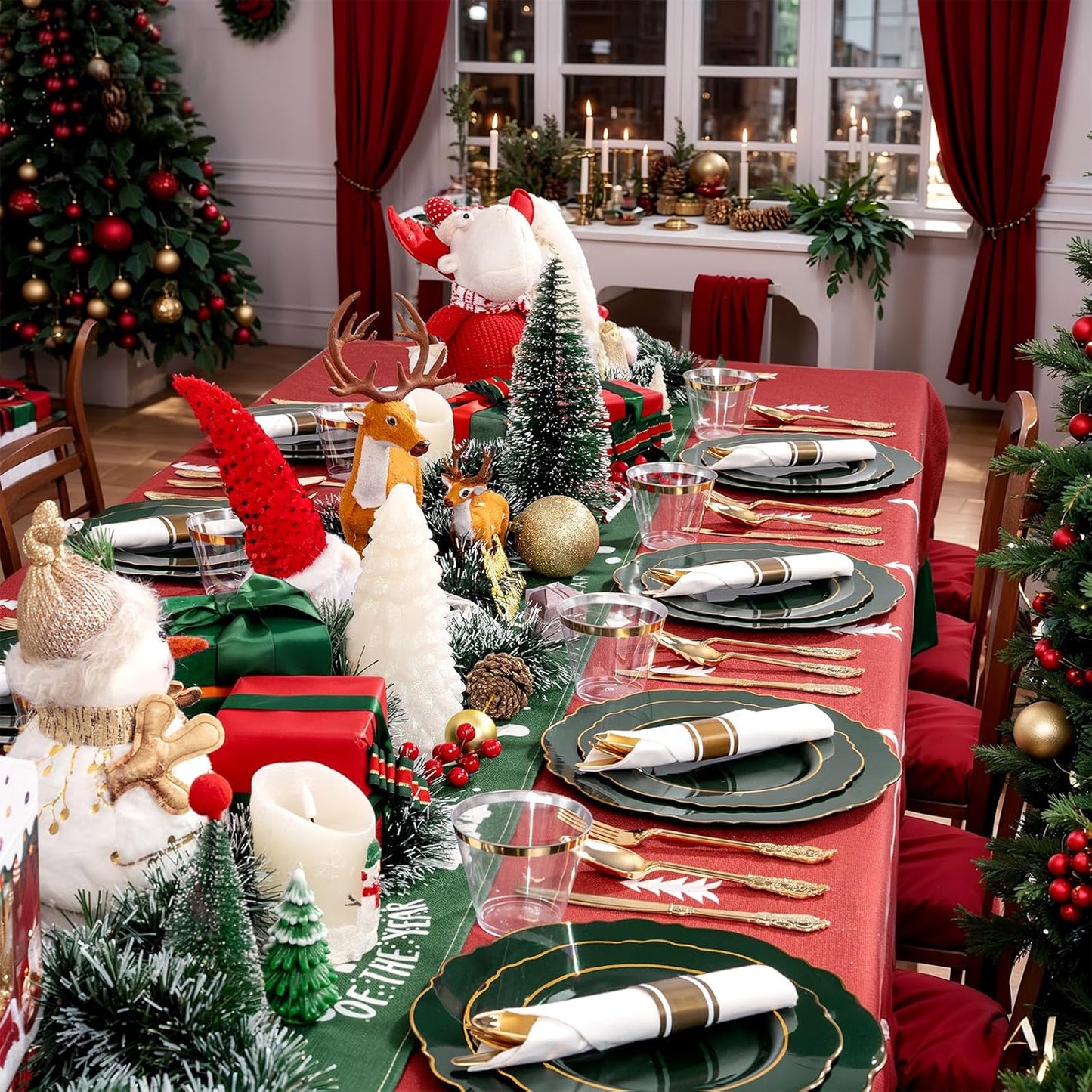 Liacere 350PCS Green Plastic Plates - Dark Green Disposable Plates With Gold Rim - 50Guest Baroque Plastic Dinnerware include 100Plates-50Pcs Pre Rolled Napkins with Silverware 50Cups for Christmas