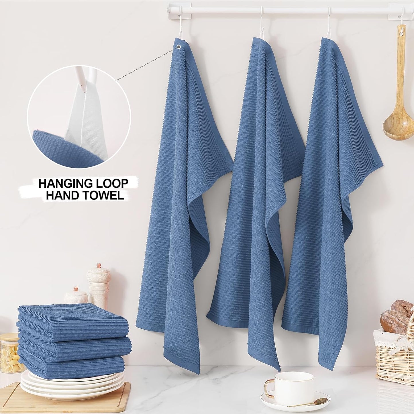 Homaxy Premium Kitchen Towels (18"x 28", 12 Pack), Large 100% Cotton Kitchen Hand Towels, Ultra Absorbent Ribbed Terry Tea Towels Set with Hanging Loop, Navy Blue
