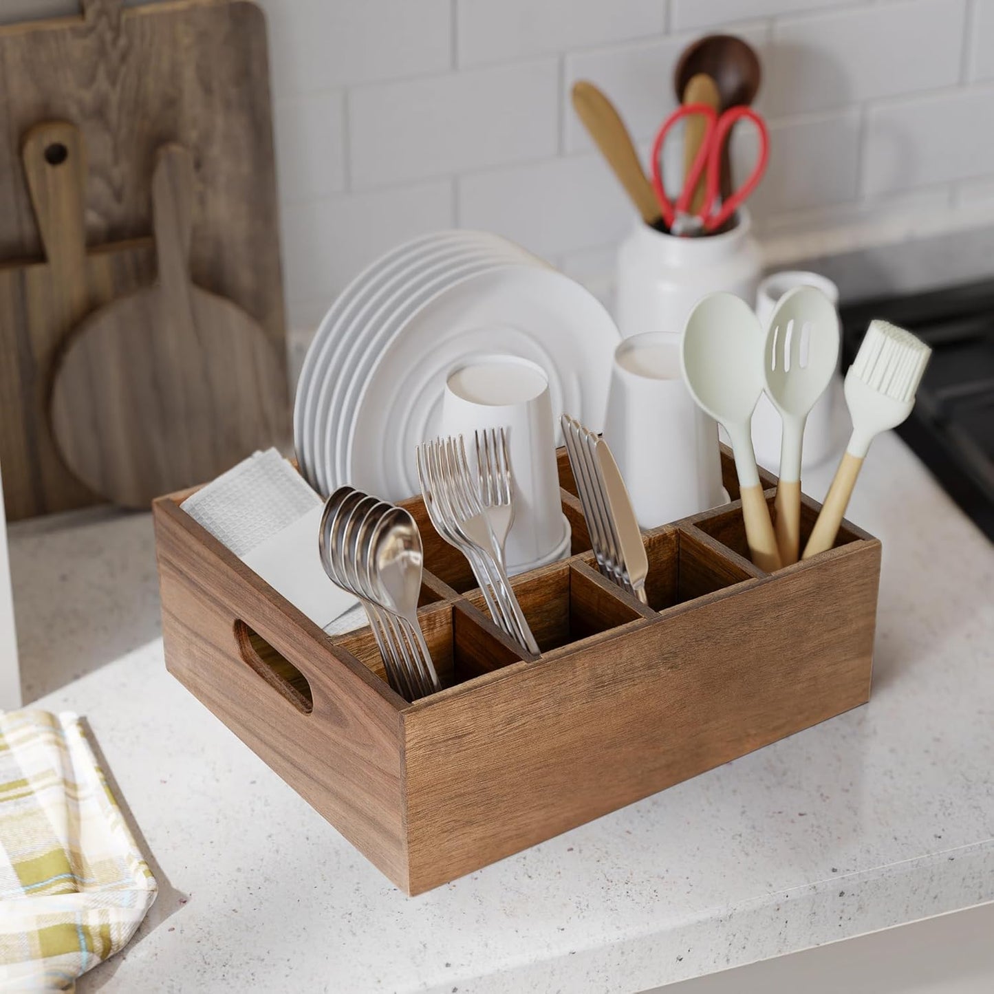 VaeFae Acacia Wood Caddy Organizer, Napkin and Paper Plate Holder, Wooden Utensil Holder, Silverware Caddy for Kitchen, Camping, Party