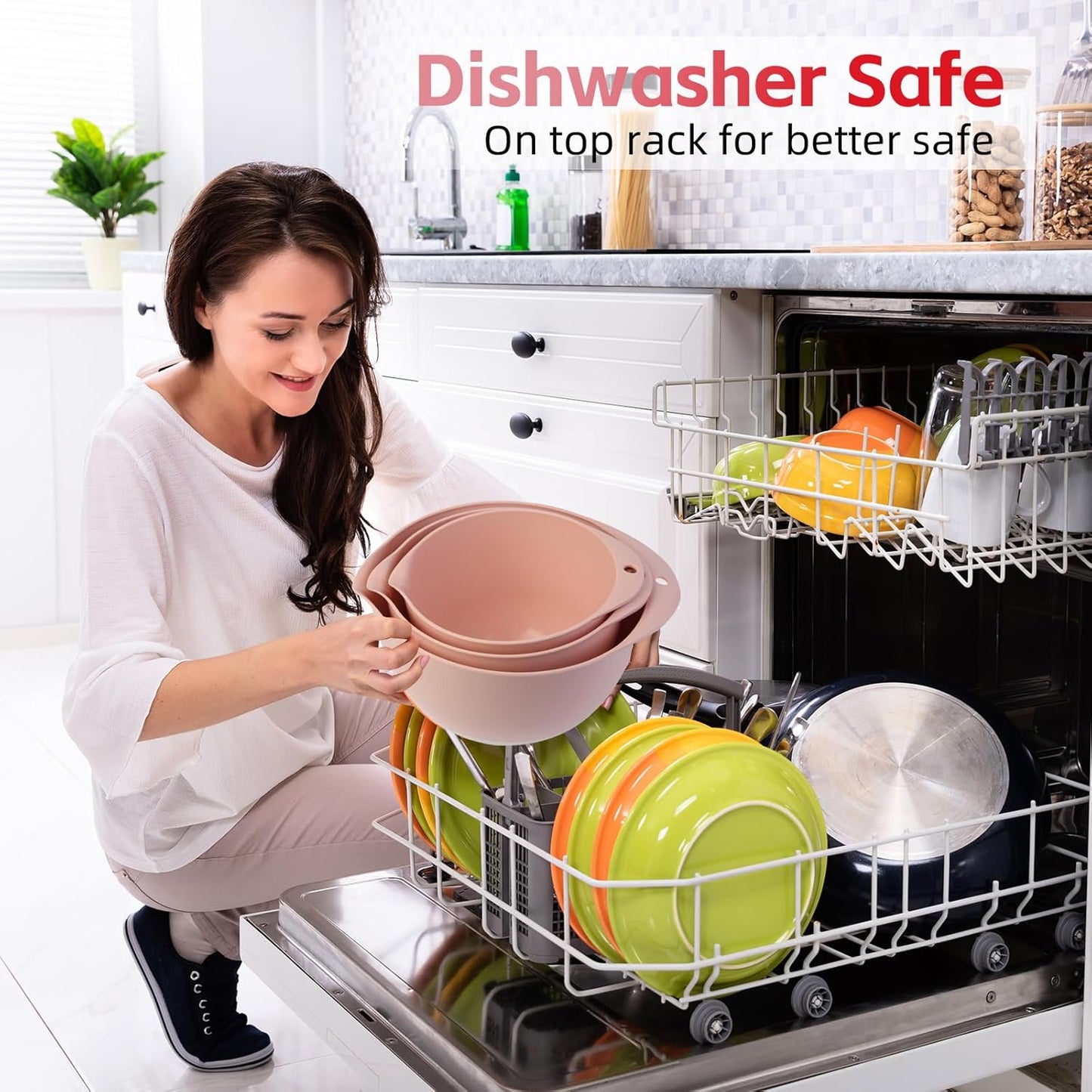 3 Mixing Bowls Set with Lids,Pour Spout and TPR Bottom, Plastic Nesting Bowl Use for Kitchen Cooking-Prep,Serving,Baking Bread Cake,Pancake,Waffle,Non-slip,Dishwasher Safe,3Qt,2Qt,1.5Qt,Pink