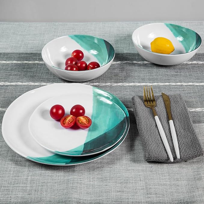 Melamine Plates and Bowls Set - 12pcs Dinnerware Dishes Set for 4, Dinner Plates for Indoor and Outdoor Use, Lightweight Break-resistant, Green & White