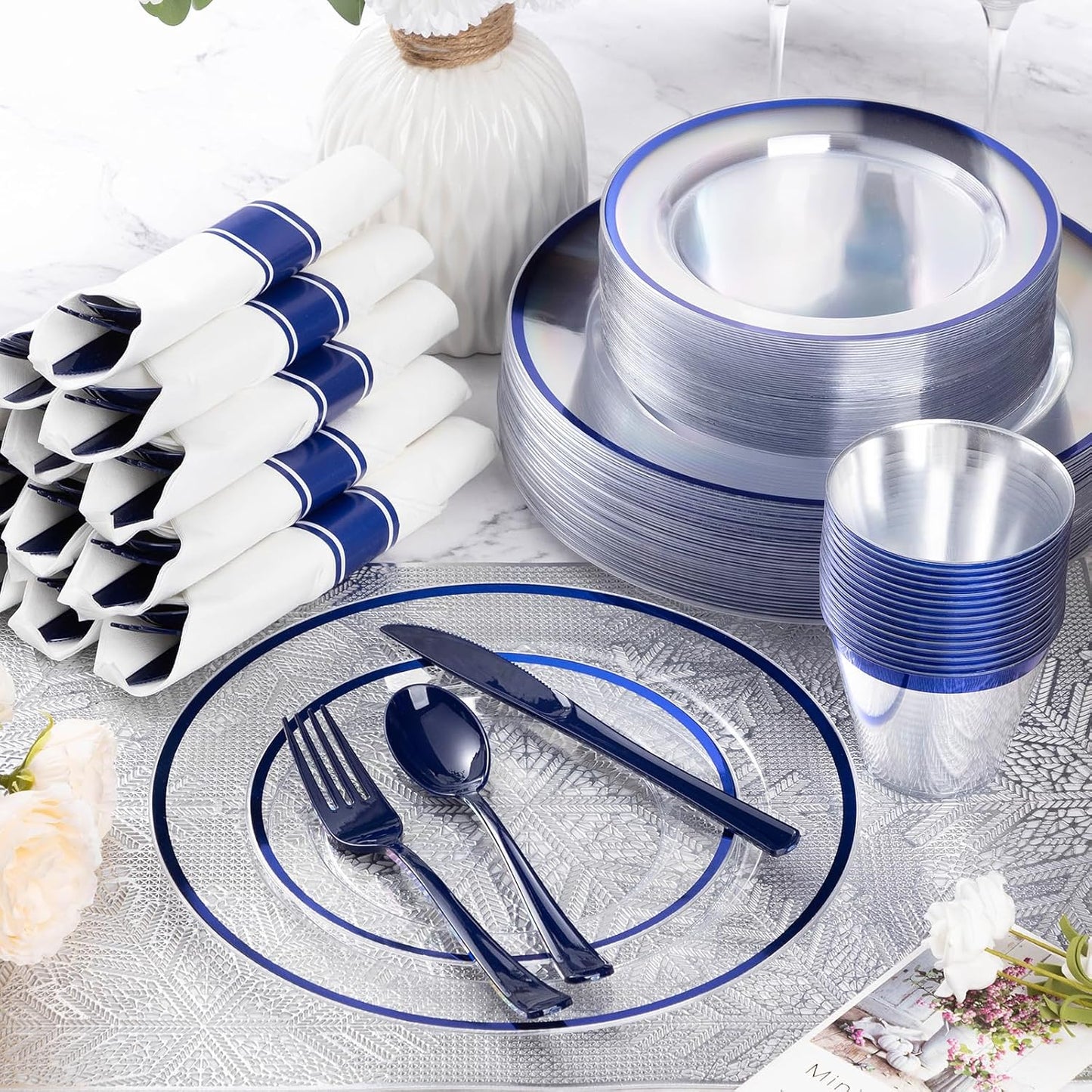 Goodluck 350 Piece Dark Blue Plastic Dinnerware Set for Party, Clear Disposable Plates for 50 Guests, Include: 50 Dinner Plates, 50 Dessert Plates, 50 Pre Rolled Napkins with Cutlery Set, 50 Cups