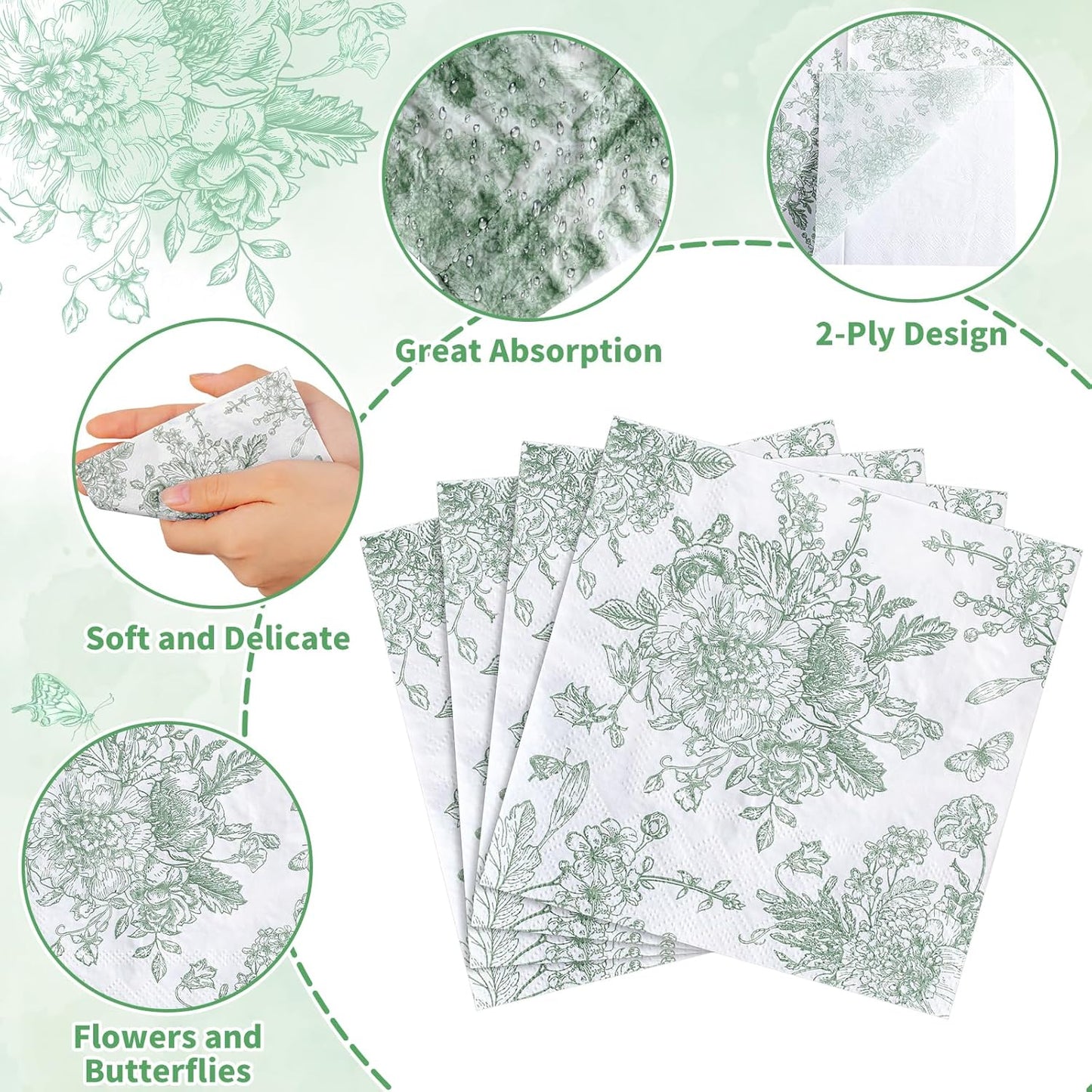 100 Pcs Sage Green Floral Napkins, Green and White Toile Napkins Vintage Flower Butterfly Design Chinoiserie Decorative Cute Napkin for Bridal Baby Shower, Wedding, Tea Party, 5 x 5 Inch