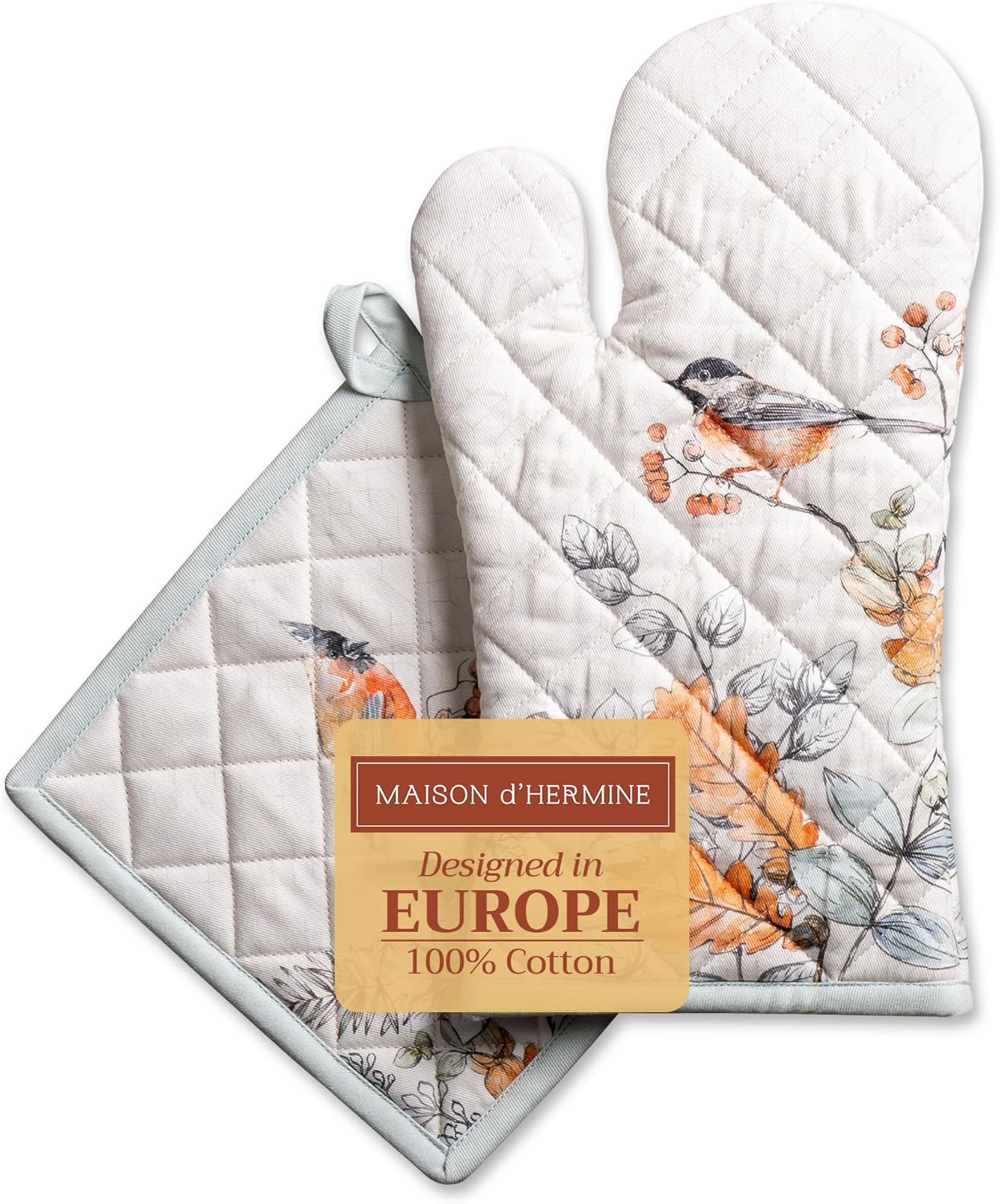 Maison d' Hermine 100% Cotton Oven Mitt & Pot Holder Set (7.5"x13" & 8"x8") Heat Resistant BBQ Cooking Gloves with Loop for Thanksgiving Christmas Decorations Handling Hot Pans (Whitish Shabby Chique)