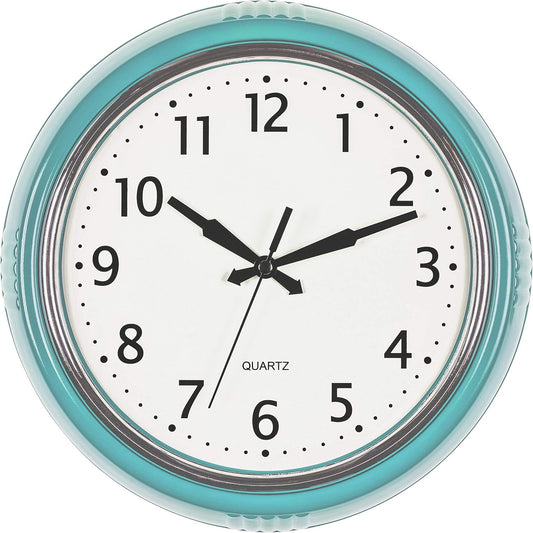 Bernhard Products Retro Wall Clock 12 Inch Blue Kitchen 50's Vintage Design Round Silent Non Ticking Battery Operated Quality Quartz Clock (Robin Egg Blue)