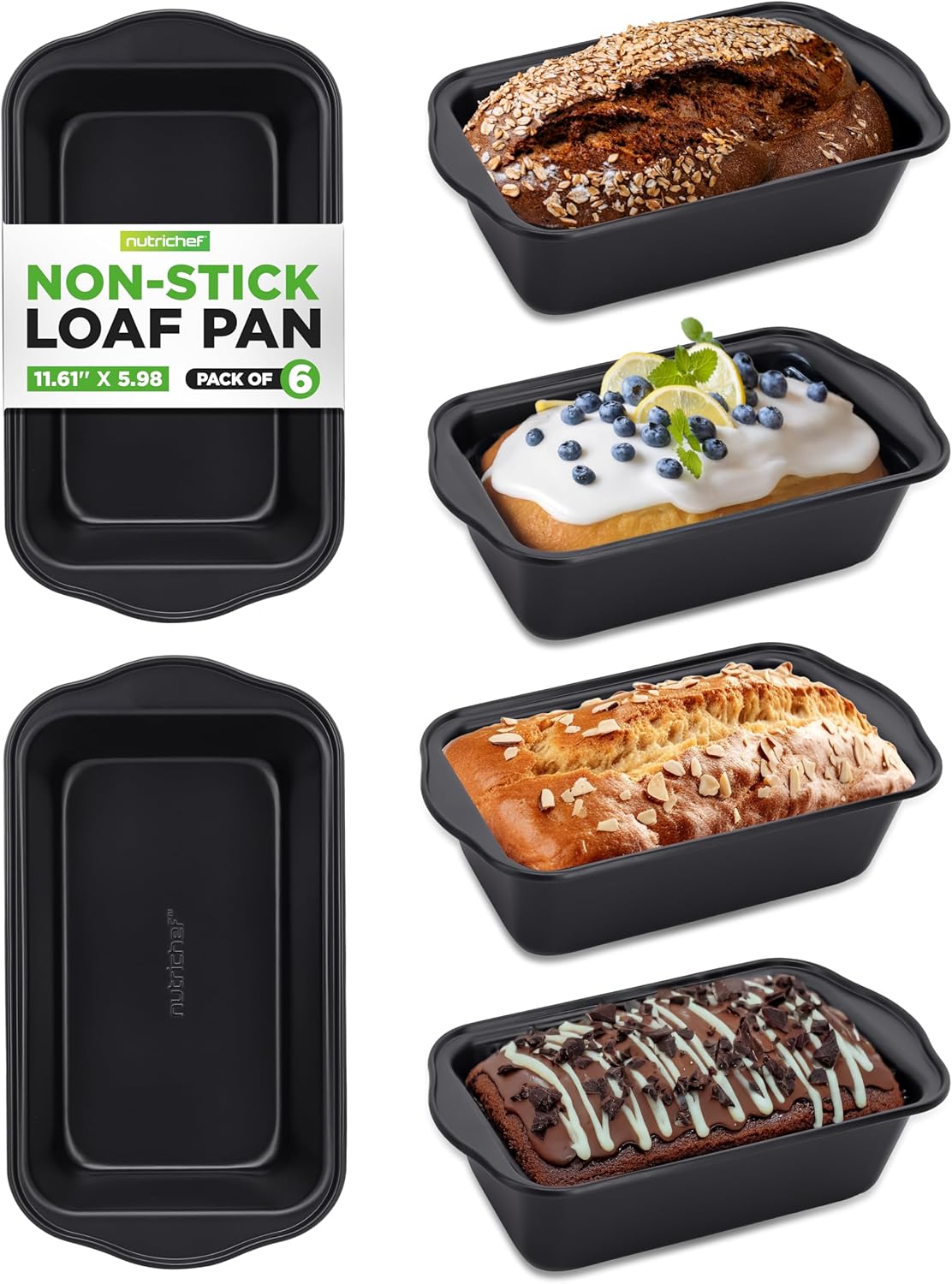 NutriChef Loaf Pans Set of 6 | Non-Stick Premium Bread Pans Quick & Even Heat Distribution | Oven Safe To 450 F | No PFOA, PFOS & PTFE | Food Grade Carbon Steel | 11.61 x 5.98 x 2.56 Inches (Black)