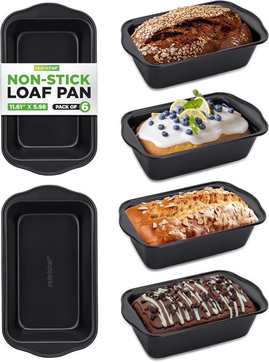 NutriChef Loaf Pans Set of 6 | Non-Stick Premium Bread Pans Quick & Even Heat Distribution | Oven Safe To 450 F | No PFOA, PFOS & PTFE | Food Grade Carbon Steel | 11.61 x 5.98 x 2.56 Inches (Black)