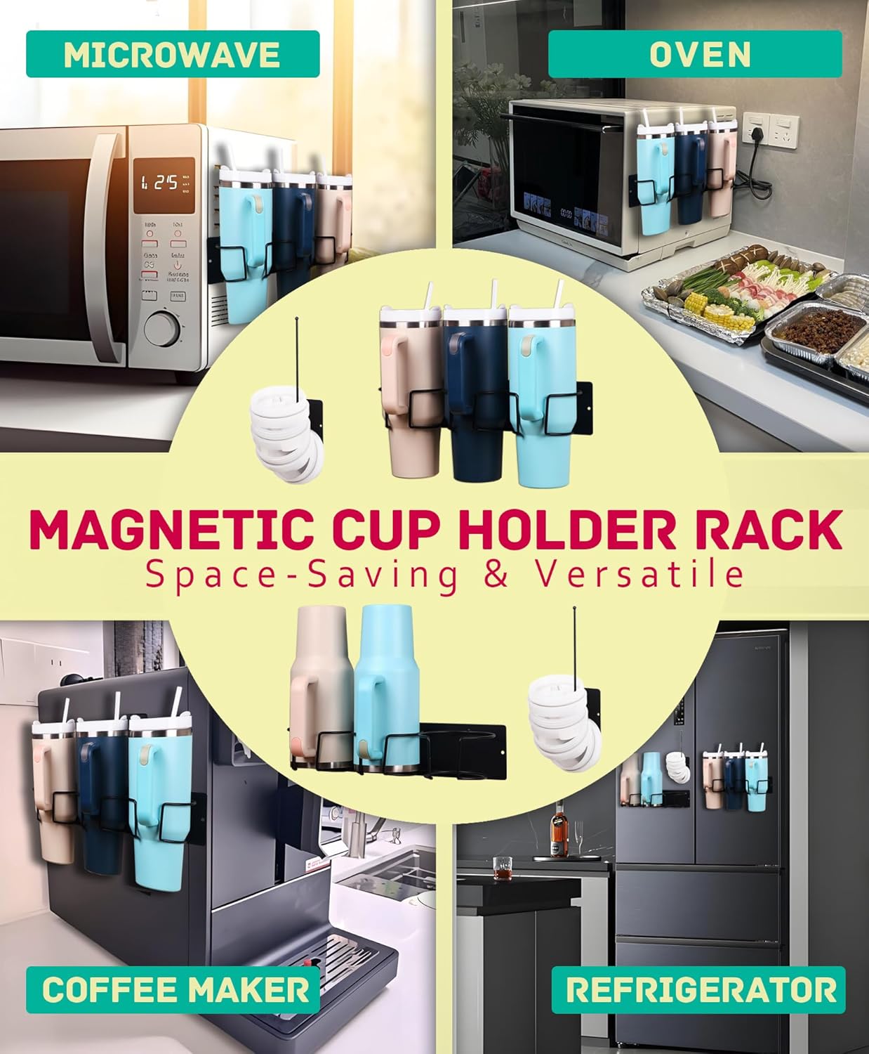 Magnetic Tumbler Holder for Stanley, Magnetic Cup Organizer for Refrigerator, Compatible with Stanley 30oz & 40oz Tumblers, Water Bottle Magnetic Rack (Deep Black, 6 Tumblers& 2 Lid Holder)