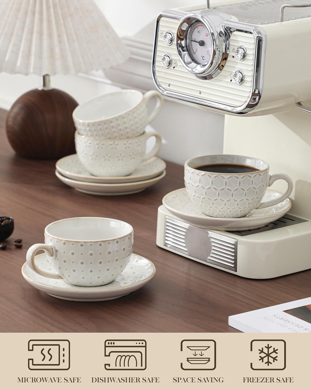 MALACASA 8 OZ Cappuccino Cups with Saucers Set of 4 - Stackable Espresso and Tea Cups, Dishwasher Safe White Ceramic Coffee Mugs for Latte, Cappuccino and Americano