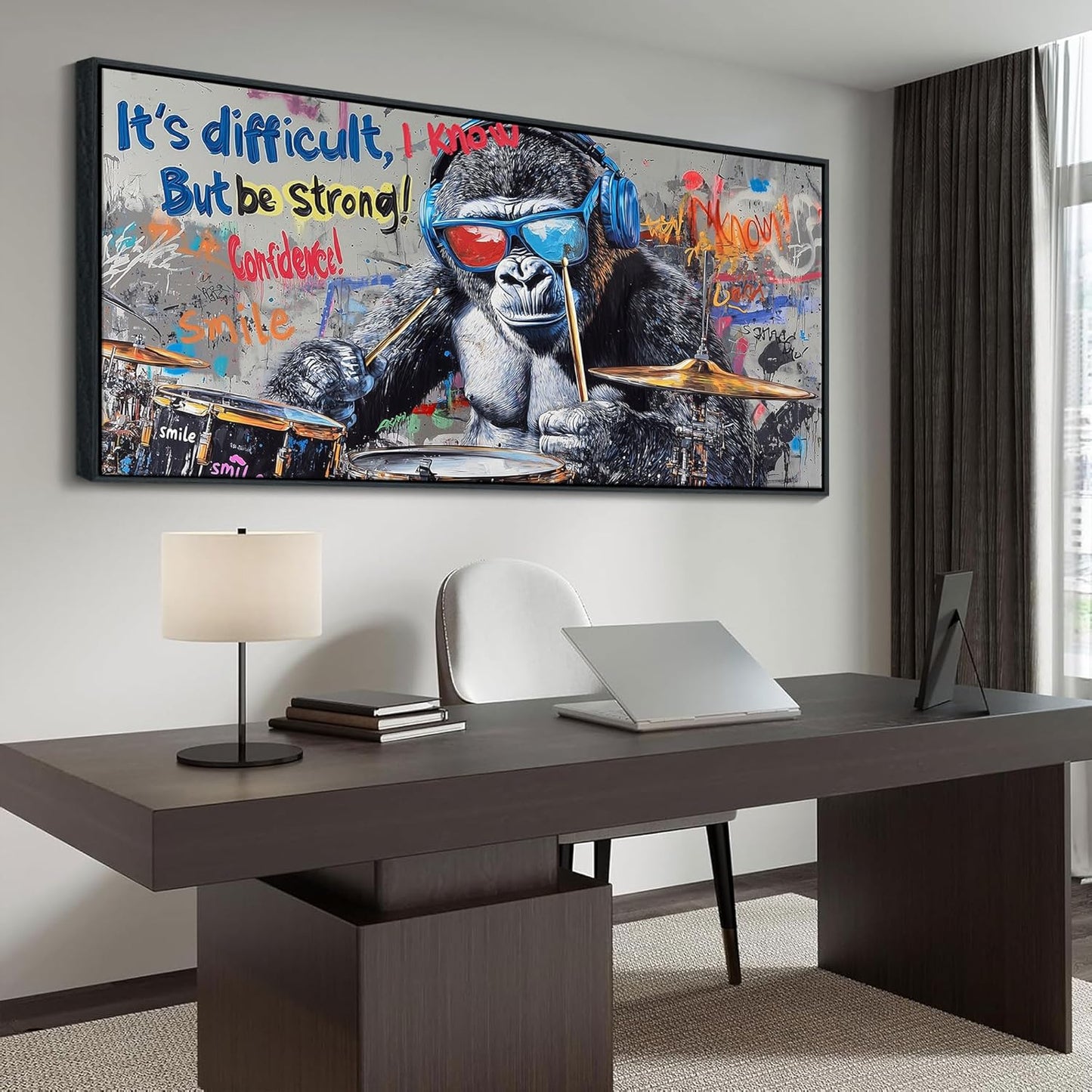 QZQCBLC Large Canvas Wall Art - Abstract Graffiti Gorilla Wearing Glasses Playing Drums Street Art Paintings Artwork Pictures for Living room Bedroom Bar Men's Teenager Game Room Decor 29X58