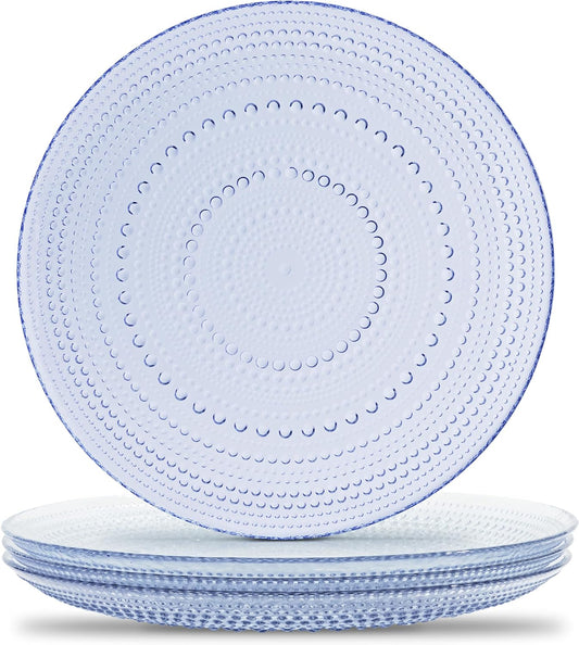 Yungala Blue Glass Plates set of 4 hobnail design textured plates with dot pattern blue glassware, pair with matching wine glasses and drinking glasses.