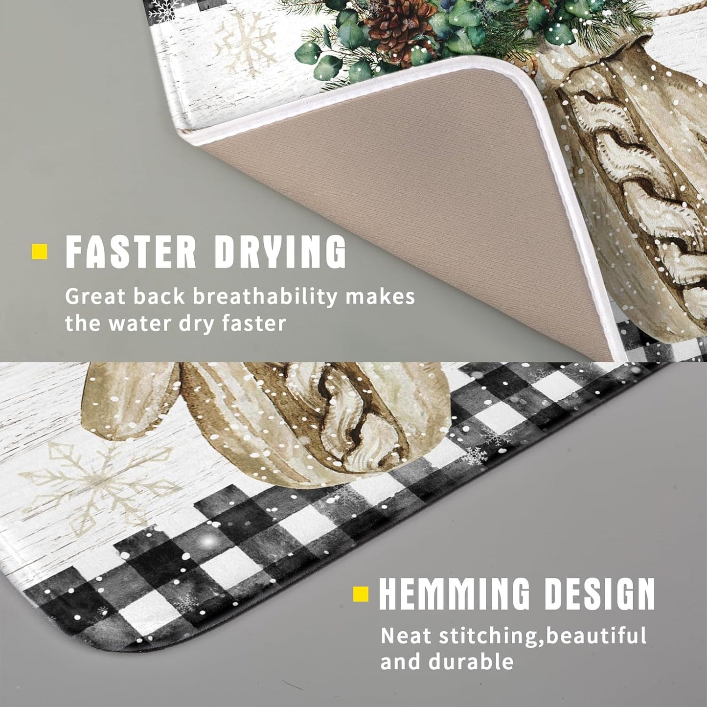 Christmas Dish Drying Mat for Counter 16'' X 18'', Black Buffalo Plaid Snowflake Gloves Dish Drainer Mats Medium Absorbent Fast Dry Microfiber Rack Pads Kitchen Accessories