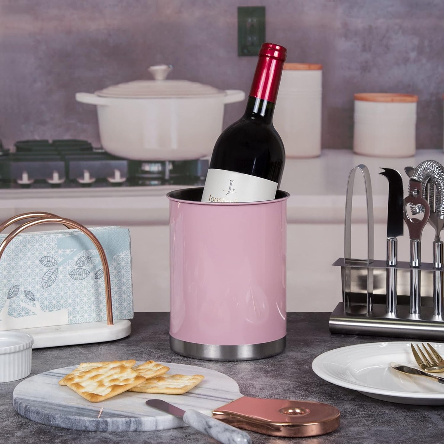 Creative Home Stainless Steel Utensil Holder– 6.3" Large Cooking Tool Organizer for Kitchen Decor and Countertop Storage, Stable Anti-Tip Design, Durable Powder-Coated Finish, Pink