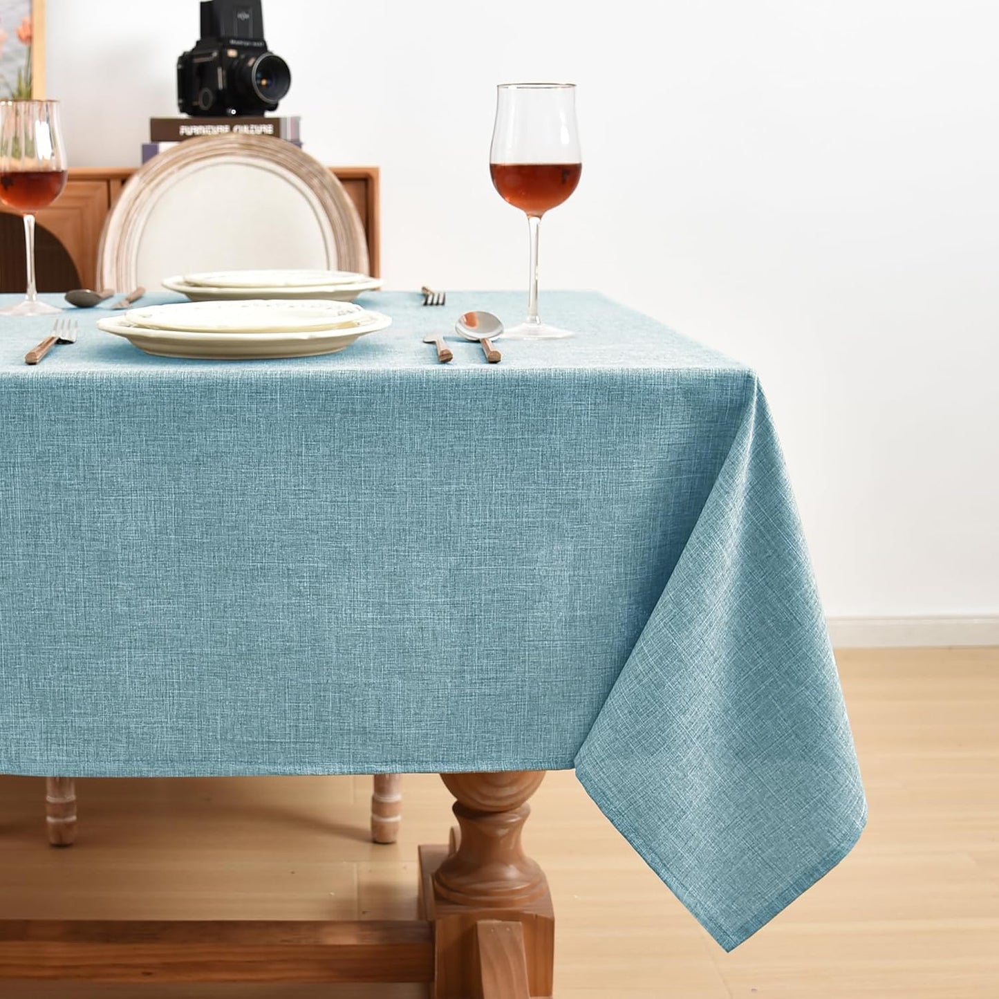Fitable Faux Linen Table Clothes 2 Pack, Waterproof Fabric Tablecloths for Rectangle Tables, Rustic Holiday Table Covers for Kitchen Dining, Party, Farmhouse (Turquoise, 54 x 78 Inch)