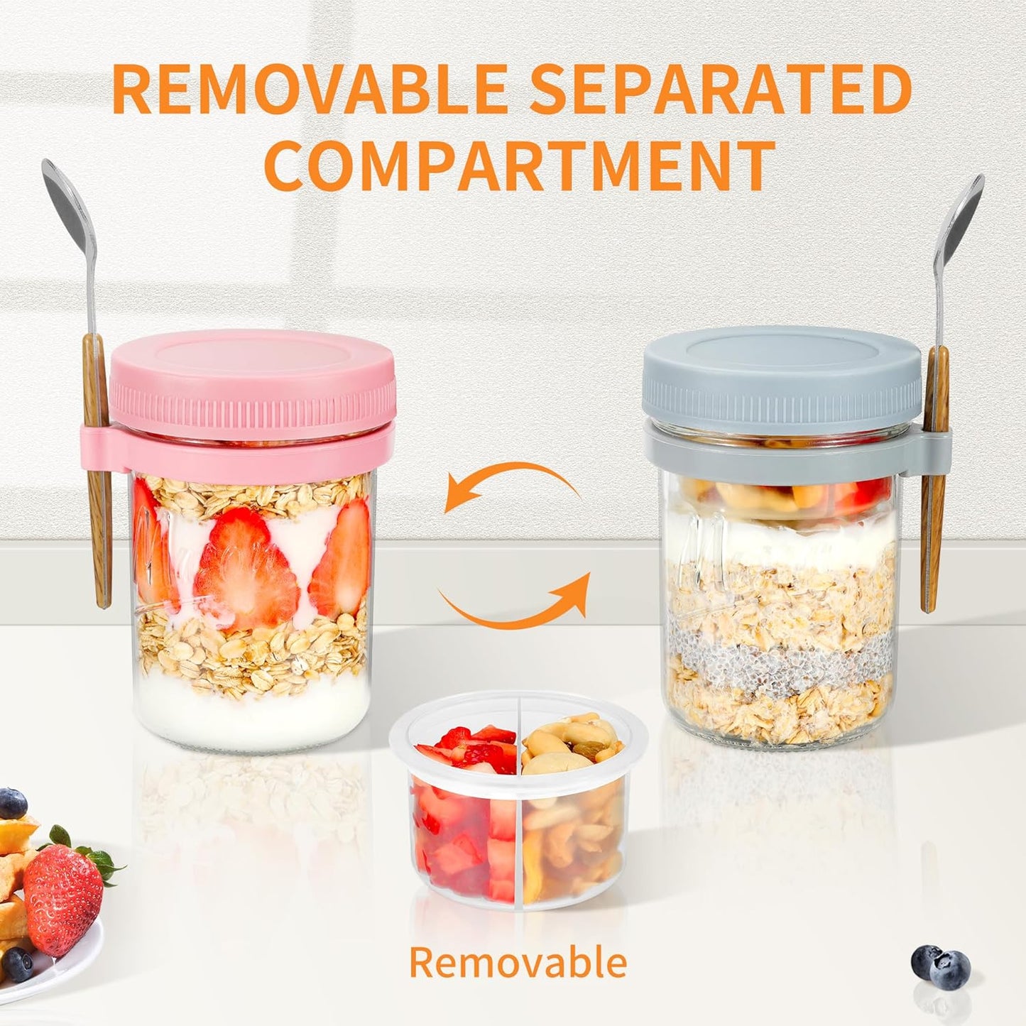 4 Pack Overnight Oats Containers with Lids and Spoons, 16 oz Mason Jars with Removable Separate Compartments, Airtight and Leak-Proof Glass Jars for Chia Pudding, Yogurt, and Oatmeal