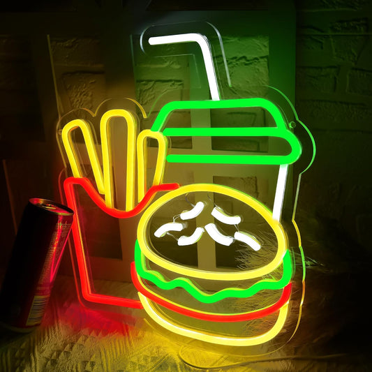 Burger Neon Sign for Burger Shop Decor, French Fries LED Neon Light,Hamburger LED Neon Light,Fast Food Business Signs for Restaurant,Kitchen,Store,Party,USB Powered,Size 12.6 * 13.8 inches(D229)