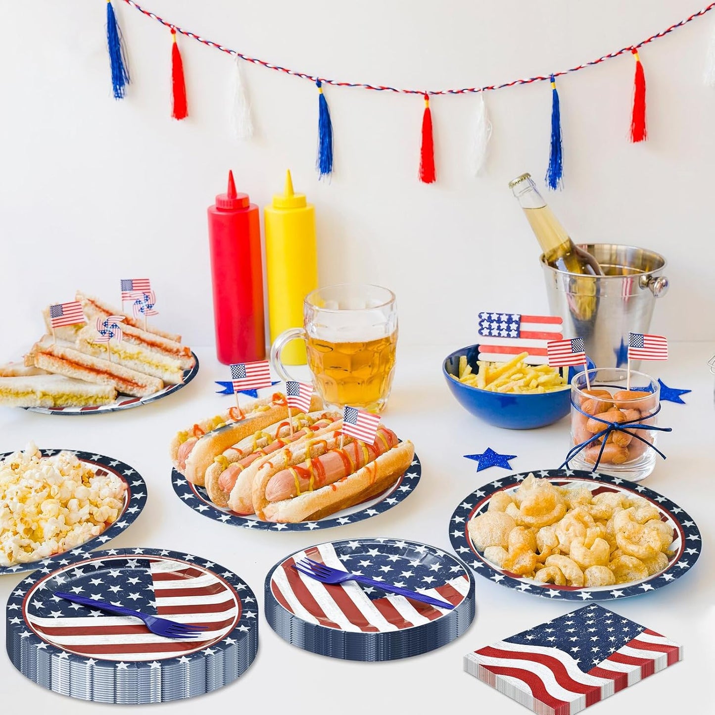 96 Pieces Patriotic Tableware Set – Vintage American Flag Disposable Dinnerware with Paper Plates, Napkins, Cups, Forks for Fourth of July, Memorial Day, Veterans Day Celebrations, Serves 24 Guests