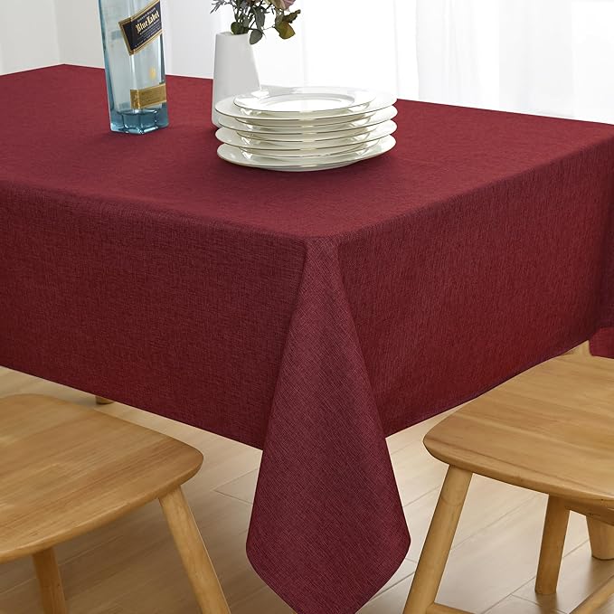 JIUZHEN Red Rectangle Tablecloth, Faux Linen, 52 x 70 Inch, Wrinkle & Spill-Resistant, Farmhouse Style, Perfect for Dining, Parties & Camping