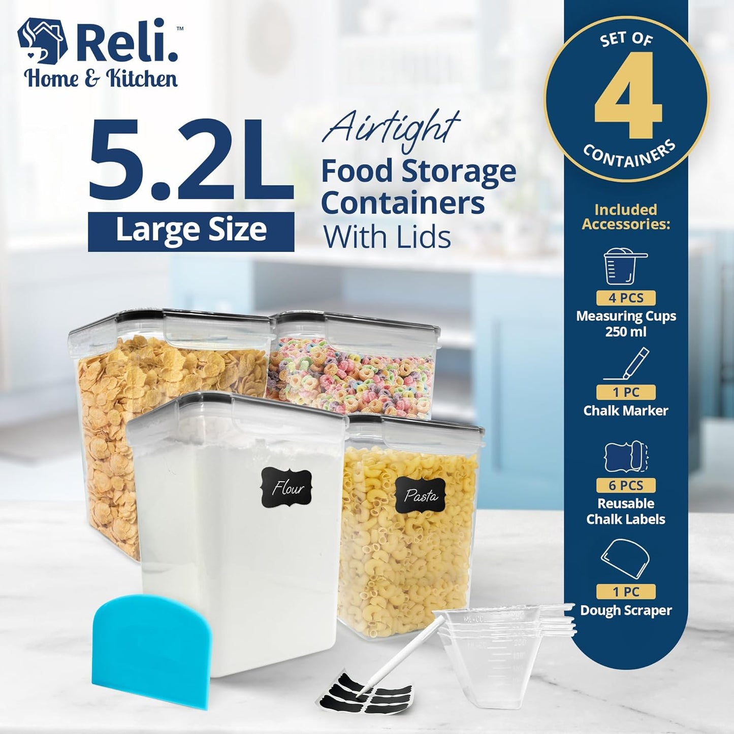 Reli. 5.2L Airtight Food Storage Containers with Lids (4 Sets) | Kitchen Organizers and Storage Pantry Organizers | BPA Free Plastic Container Set w/ 4 Measuring Cups, Dough Scraper, 6 Labels, Pen