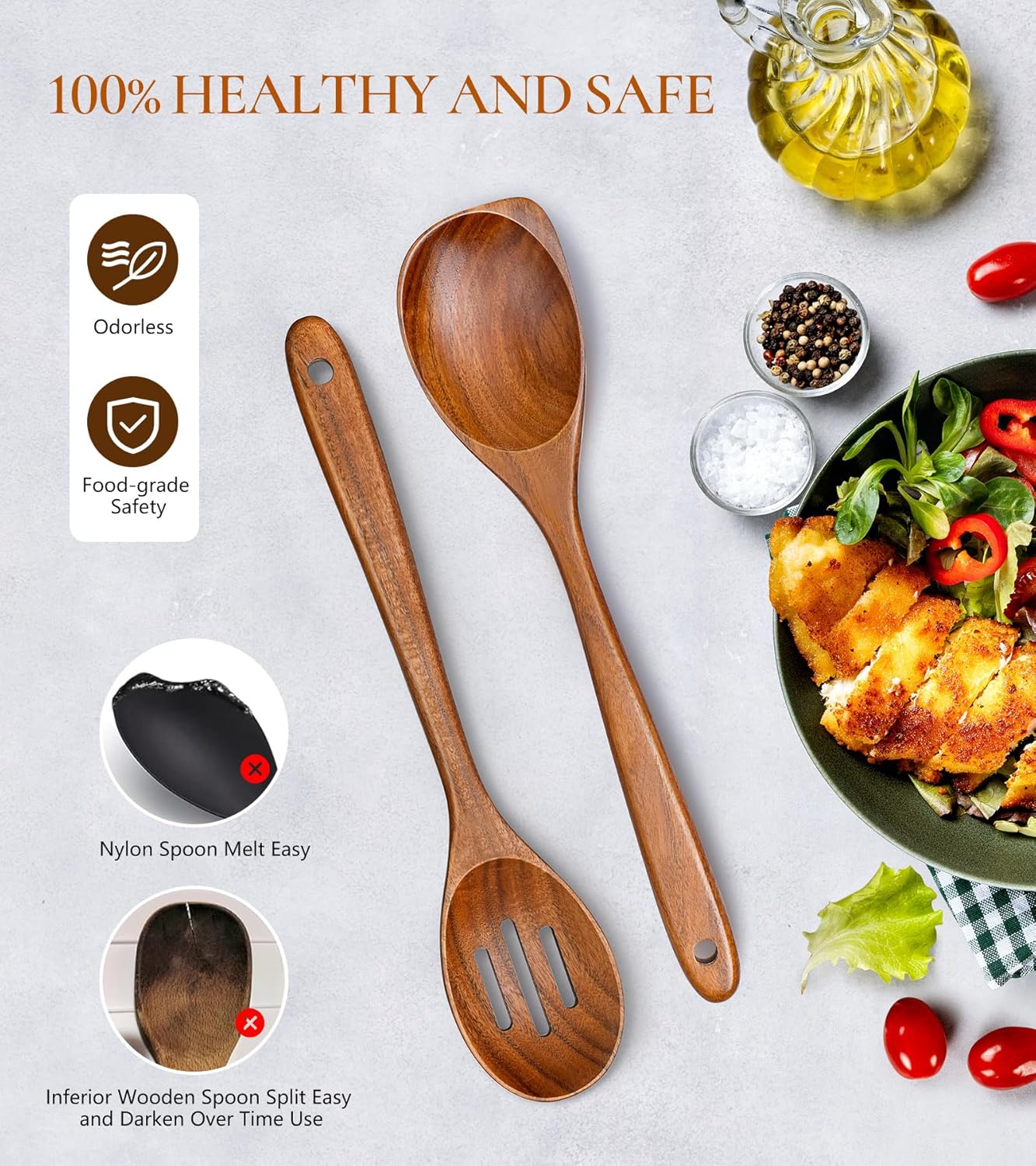 2Pcs Wooden Spoons for Cooking, Natural Premium Teak Wood Corner Spoon & Slotted Spoon, Good Grip Large Cooking Spoons Spatula, Heat Resistant Wooden Kitchen Cooking Utensils Set for Nonstick Cookware