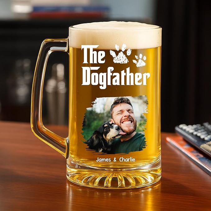 Wrappiness Gift for Dad - Cool Dog Father Personalized Beer Glass With Handle, Custom Photo and Names Lovely Fathers Day Pet Papa Gift for Men Pet Lovers, Cute Puppy Owner Drinking Cup