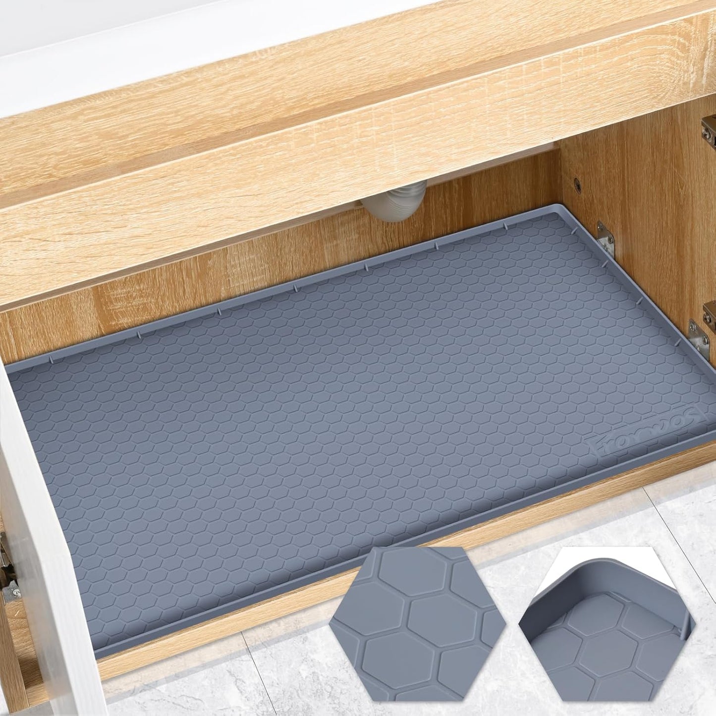 Waterproof Under Sink Mat 31" x 22", Silicone Cabinet Liner, Rubber Protector for Kitchen and Bathroom, Keeps Cabinets Clean, Dry, and Organized (Grey)