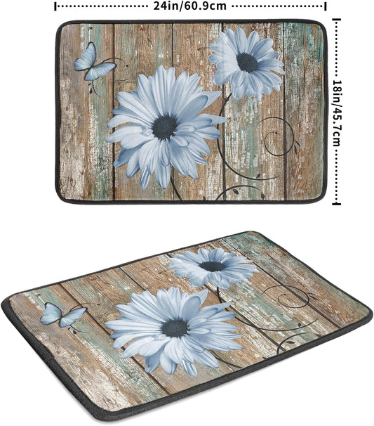 Rustic Daisy Dish Drying Mat for Kitchen Countertop 18x24 inch Blue Sunflowers on Wooden Board Dish Drainer Mats Fast Drying Country Vintage Style Shabby Chic Flower Dish Drying Pad Decor Large