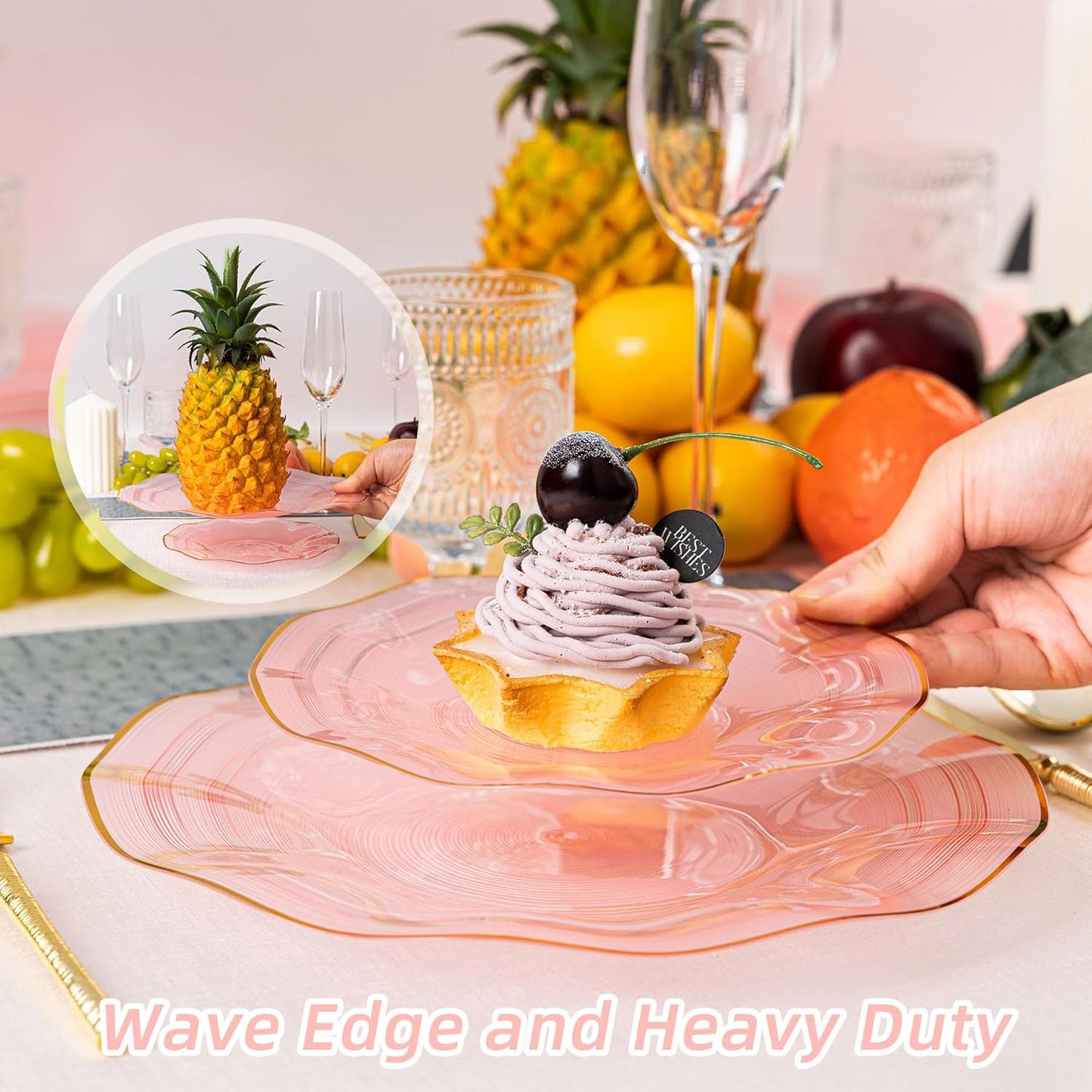 120PCS Pink Plastic Plates with Gold Rim, Heavy Duty Disposable Plates, Elegant and Fancy 60 Dinner and 60 Dessert Plates for Party and Wedding