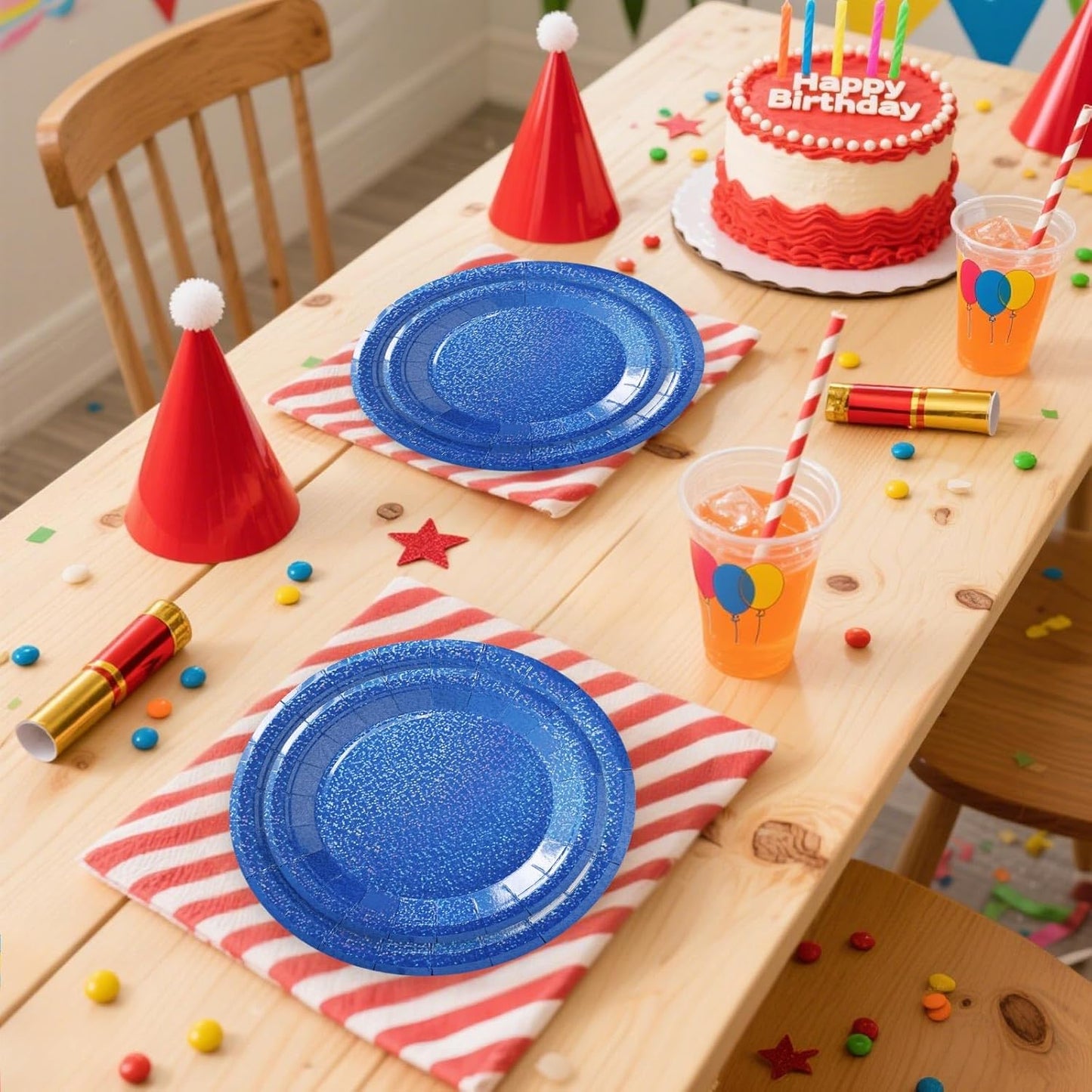 50 Pcs Iridescent Royal Blue Paper Plates 25 × 7'' and 25 × 9'' Disposable Blue Shiny Holographic Foil Dinner Plates for Wedding Baby Shower Birthday Disco Party Glitter Dessert Plate