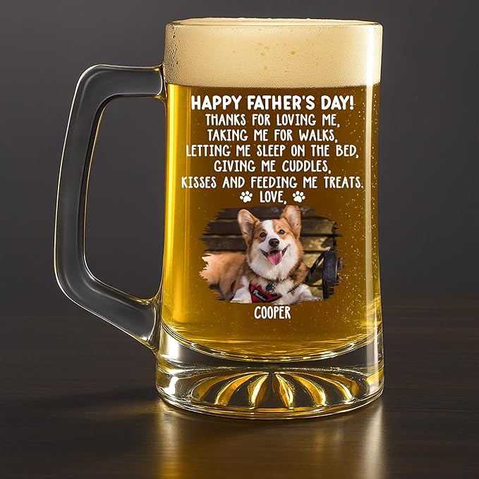 Wrappiness Custom Photo Beer Glass with Handle - Give Us Cuddles Thank You Dad Glass Cup - Personalized Gift Father’s Day, Birthday for Dad, Husband - Unique Beer Mug with Handle