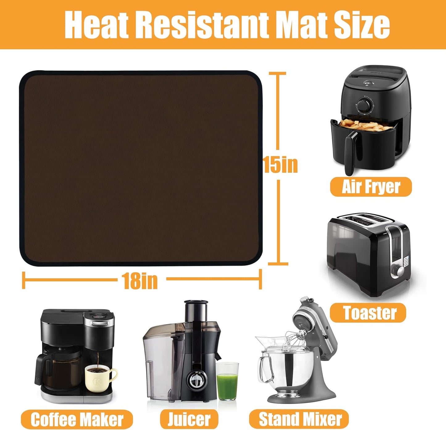 Heat Resistant Mat for Air Fryer, 15 x 18in Countertop Protector, Fireproof Silicone Appliance Slider for Coffee Maker, Toaster, Oven - Brown