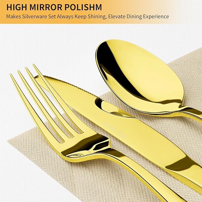 Silverware Set for 6, 30 Pieces Heavy Duty Stainless Steel Flatware Set, Mirror Polished Cutlery Utensil Set, Dinner Fork Knife Spoon Eating Tableware Set for Home, Dishwasher Safe, Gold