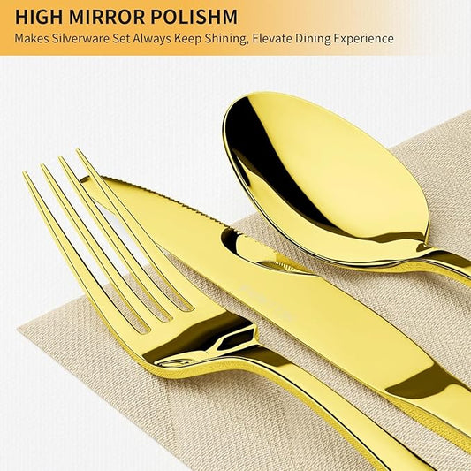 Silverware Set for 6, 30 Pieces Heavy Duty Stainless Steel Flatware Set, Mirror Polished Cutlery Utensil Set, Dinner Fork Knife Spoon Eating Tableware Set for Home, Dishwasher Safe, Gold