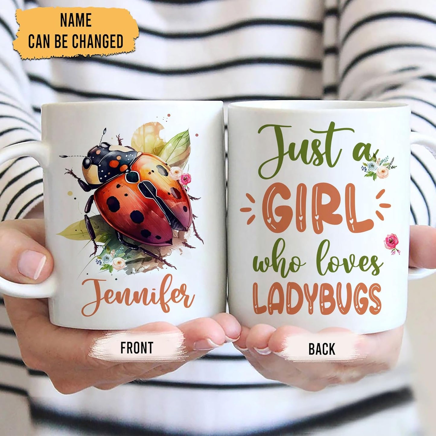 Hyturtle Personalized Gifts LadyBug Lover - Just A Girl Who Loves LadyBugs Custom Name Ceramic Coffee Mug Cup 11oz - Idea Cute Animal Lover Gifts For Women, Girl Daughter On Birthday, Christmas