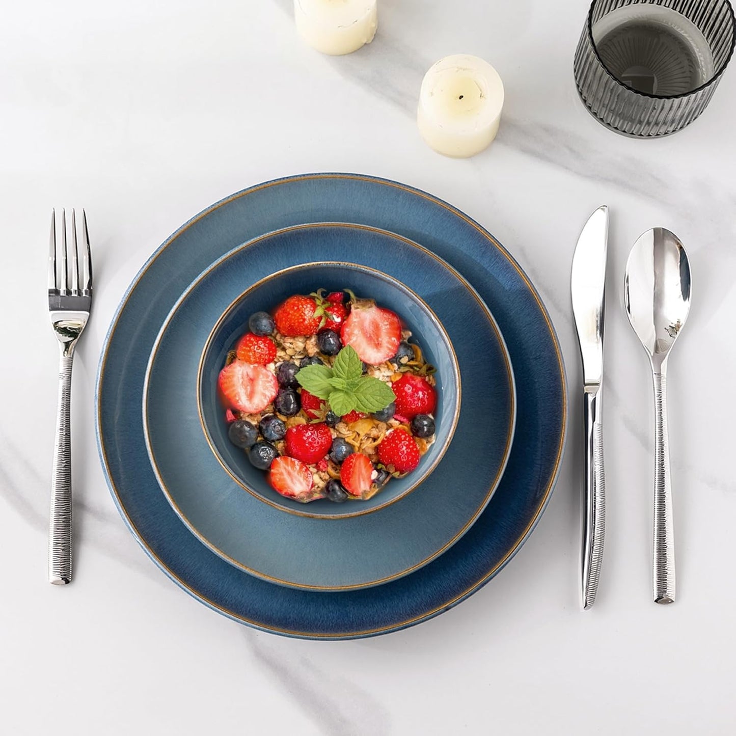 GBHOME Ceramic Dinnerware Sets for 8, 24 Pieces Stoneware Plates and Bowls Sets, Reactive Glaze Dishes -Scratch Resistant, Dishwasher&Microwave Safe-Alaskan Blue