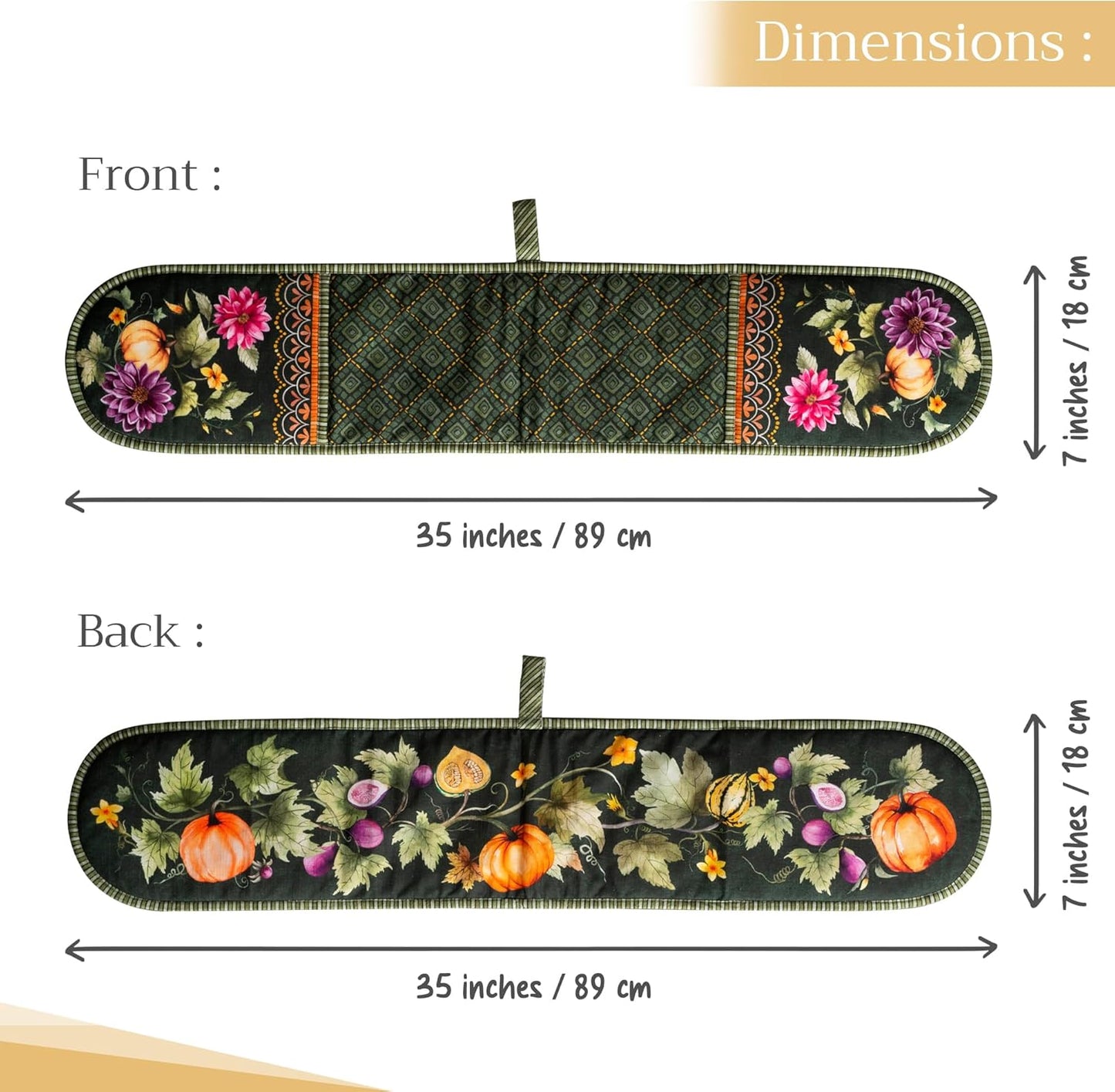 Maison d' Hermine Double Oven Mitt (7" x 35") 100% Cotton Heat Resistant BBQ Cooking Gloves with Loop for Thanksgiving Christmas Decorations Cooking Handling Hot Pan (Pumpkin Garden - Dark Green)