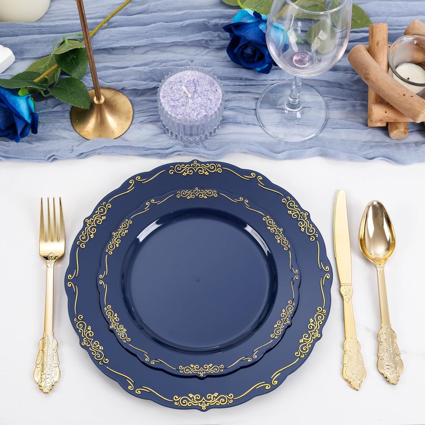 DaYammi 150Pcs Blue Plastic Plates Heavy Duty Navy Blue Disposable Plates with Gold Plastic Silverware include 30 Dinner Plate, 30 Dessert Plate, 90 Gold Silverware Set for Party Wedding