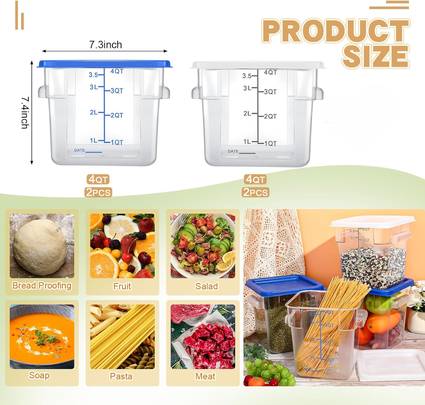 Maxcheck 4 Pcs 4Qt Food Storage Container with Lids Set Square Clear Commercial Containers with Scale and Handle Space Saving for Home Kitchen Restaurant Proof Dough Marinating Meat (White, Blue)