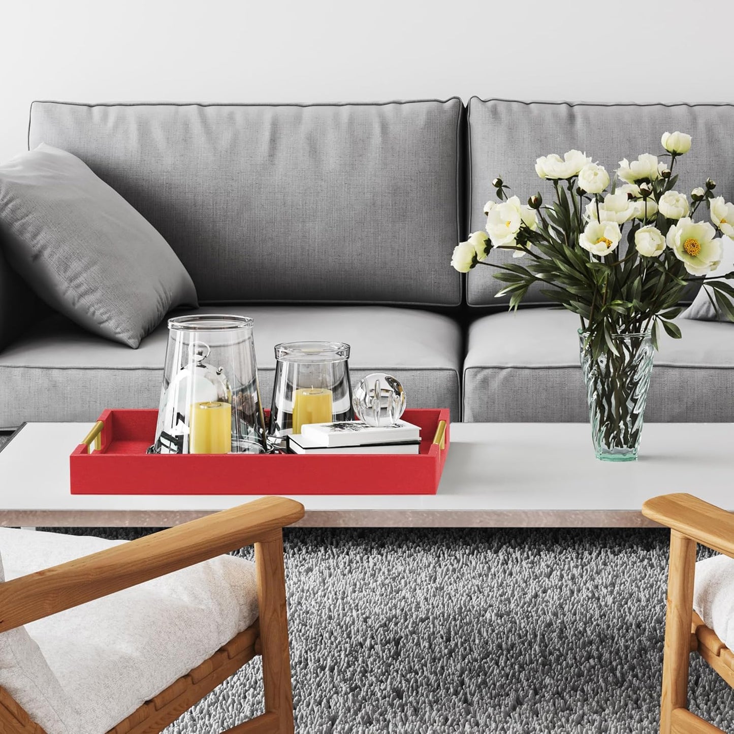 17" x 12" Wood Serving Tray with Gold Polished Metal Handles, Home Decorative Wooden Rectangle Ottoman Leather Decor Platter Bathroom Vanity Tray for All Occasions Red